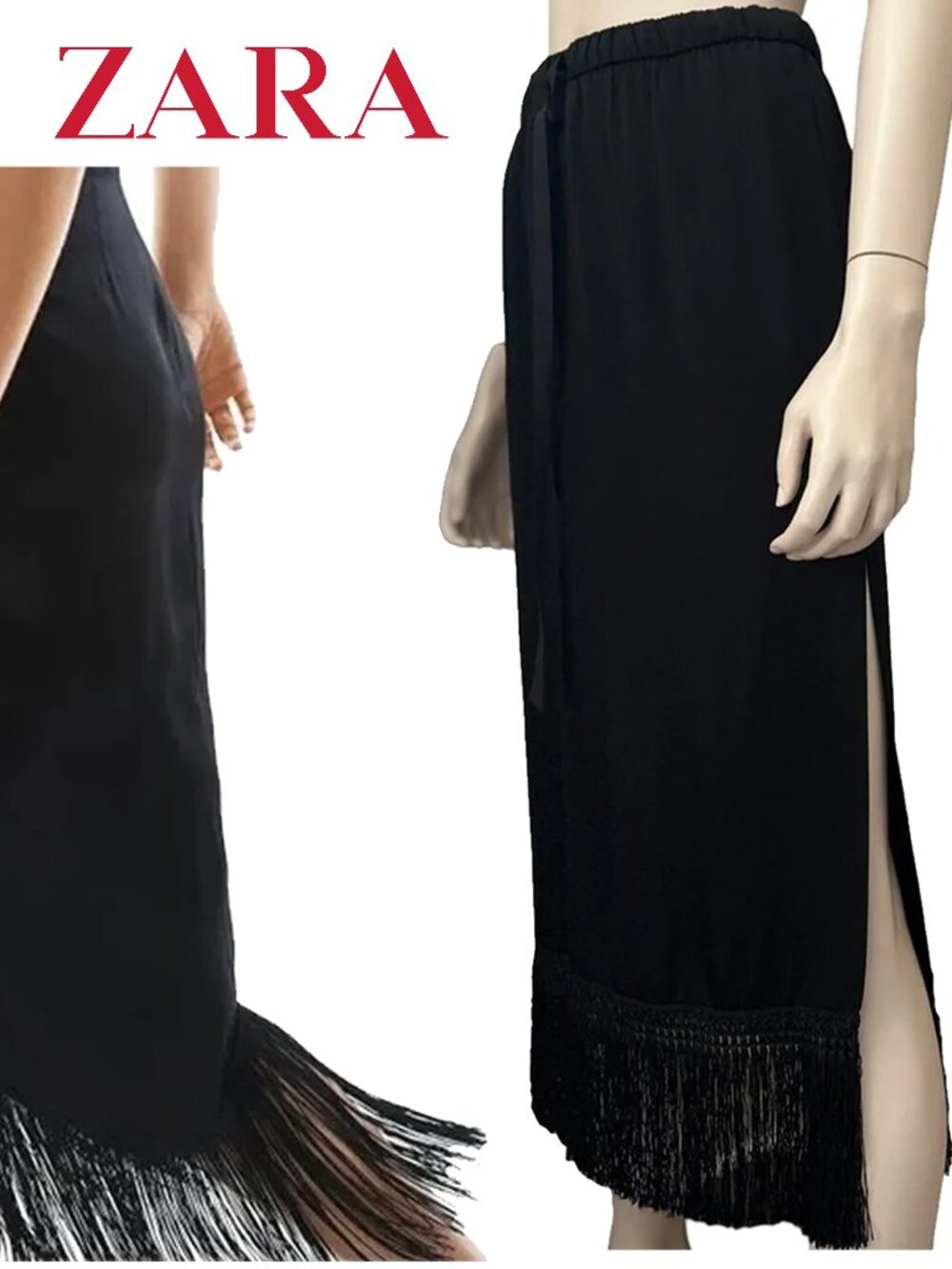 Zara Woman Black Satin Midi Skirt Fringe Tassel Hemline Pockets High Slit Leg